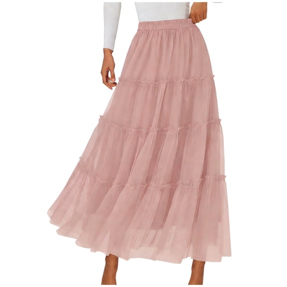 POIUYTR Women Summer Smock Skirts Casual Elastic Waist Mesh Flowy Long Skirt Vacation Loose Solid Color Skirts