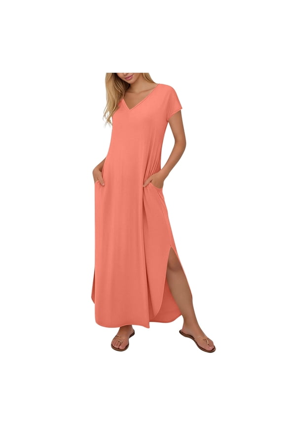 Women Summer T-Shirt Dress Casual Crewneck Short Sleeve Shift Dresses Loose Maxi Dress With Pockets