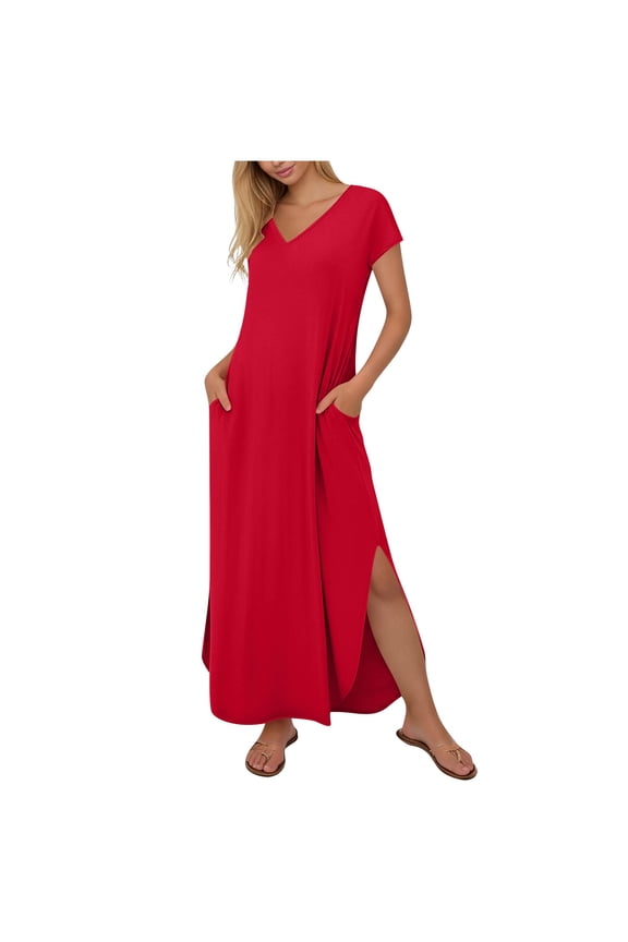 Women Summer T-Shirt Dress Casual Crewneck Short Sleeve Shift Dresses Loose Maxi Dress With Pockets