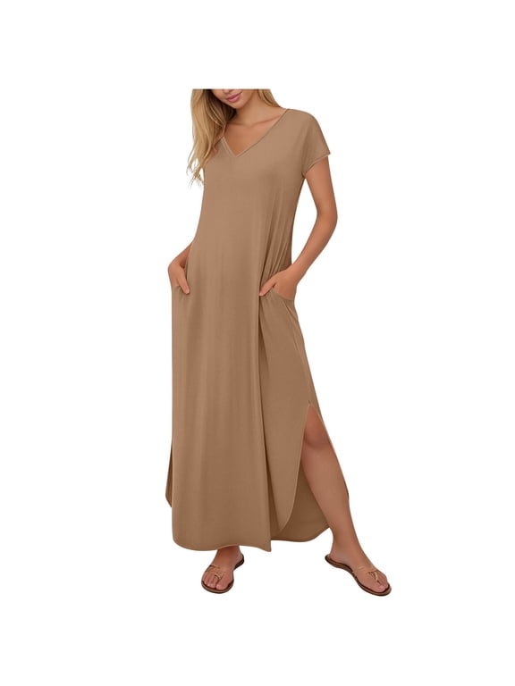 Women Summer T-Shirt Dress Casual Crewneck Short Sleeve Shift Dresses Loose Maxi Dress With Pockets