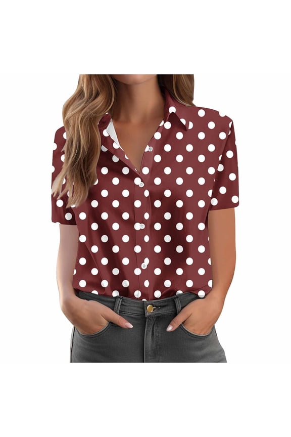 Women Summer Vacation Shirts Casual Collared Short Sleeve Button Blouses Loose Fit Wave Point Tops