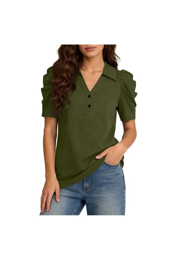 Women Summer Vacation Shirts Casual V Neck Ruffle Short Sleeve Blouses Loose Fit Solid Color Tops