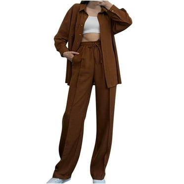 POIUYTR Women's 2 Piece Fall Outfits Long Sleeve Button Down Shirts and Drawstring Wide Leg Pants Lounge Sets Loose Casual Streetwear with Pockets