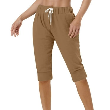 POIUYTR Women's Bermuda Shorts Casual Elastic Waist Drawstring Knee Length Shorts Comfy Solid Color Lounge Beach Shorts with Pockets