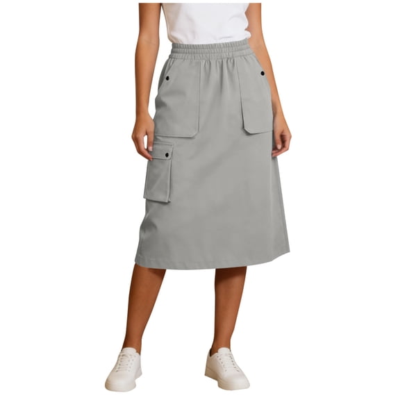 POIUYTR Women's Casual Cargo Skirts Summer Elastic Waist A-Line Midi Skirt Trendy Loose Skirts With Pockets