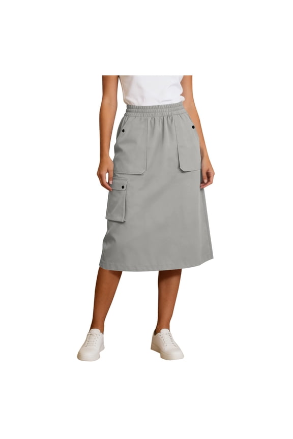 Women's Casual Cargo Skirts Summer Elastic Waist A-Line Midi Skirt Trendy Loose Skirts With Pockets