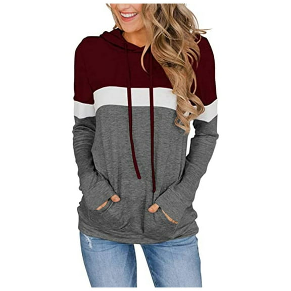 POIUYTR Women's Casual Color Block Hoodies Long Sleeve Drawstring Lightweight Hooded Sweatshirts Loose Pullovers with Pocket，M,Wine