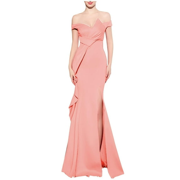 POIUYTR Women's Evening Gowns Long Off Shoulder Elegant V Neck Formal Dresses Side Split Wrap Party Maxi Dress