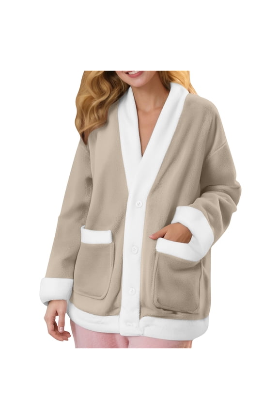 Women's Flannel Bed Jacket, V Neck Button Long Sleeve Fuzzy Pajama Coat, Cozy Soft Loungewear with Pockets