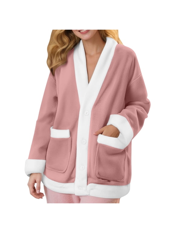 Women's Flannel Bed Jacket, V Neck Button Long Sleeve Fuzzy Pajama Coat, Cozy Soft Loungewear with Pockets