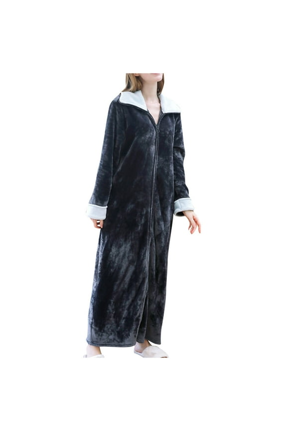 Women's Fleece Robes Plush Long Zip Up Front Bathrobe Winter Warm Soft Zippered Housecoat Nightgown for Women
