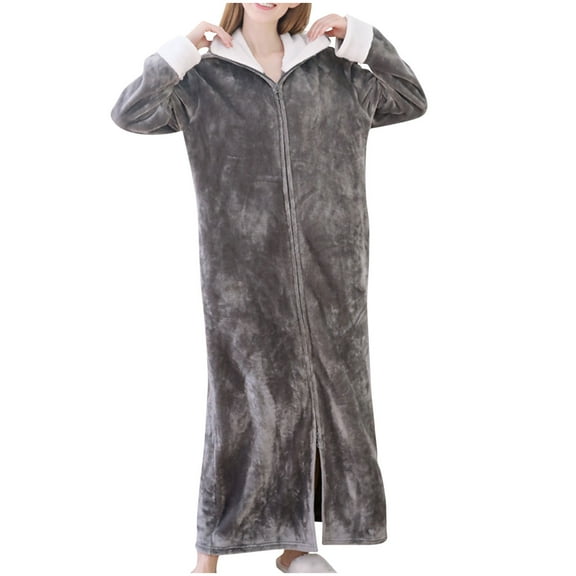 POIUYTR Women's Fleece Robes Plush Long Zip Up Front Bathrobe Winter Warm Soft Zippered Housecoat Nightgown for Women