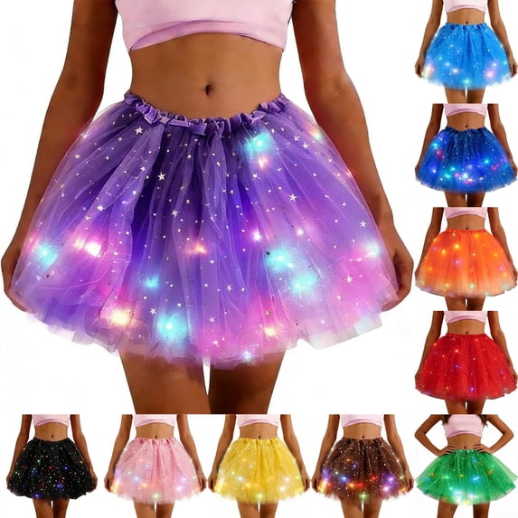 POIUYTR Women's Light Up Layered Skirts Summer Sparkly Sequin Elastic Waist Mesh Mini Skirt Party Costume Skirts