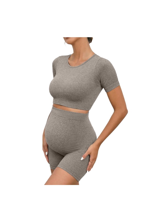 Women's Maternity Yoga 2 Piece Sets Summer Short Sleeve Tshirts Shorts Over The Belly Workout Outfits