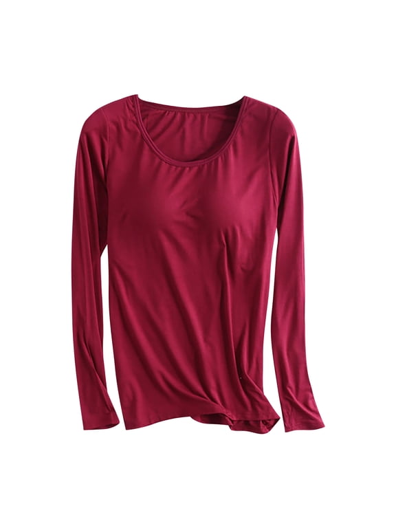 Women's Modal T-Shirt Built-in-Bra Long Sleeve Crew Neck Pajama Yoga Top Padded Casual Tee Sleepwear