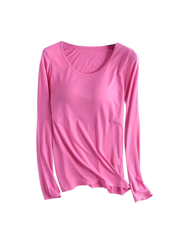 Women's Modal T-Shirt Built-in-Bra Long Sleeve Crew Neck Pajama Yoga Top Padded Casual Tee Sleepwear