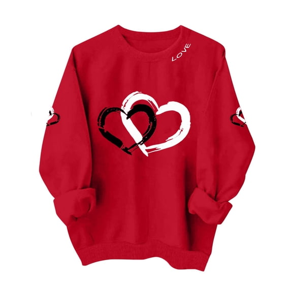 POIUYTR Women's Oversized Fleece Sweatshirts, Holiday Heart Print Pullover Tops, Valentine's Day Red Sweatshirt