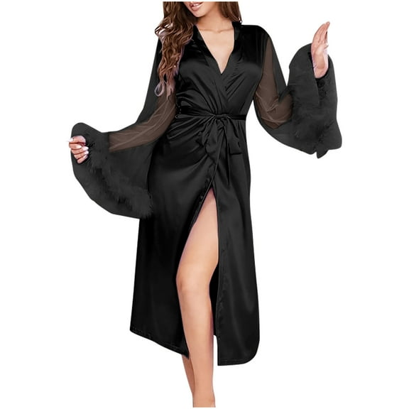 POIUYTR Women's Satin Robe Silk Kimono Long Bathrobe with Faux Fur Trim Mesh Long Bell Sleeve for Bride Bridesmaids Wedding Party Loungewear Sleepwear