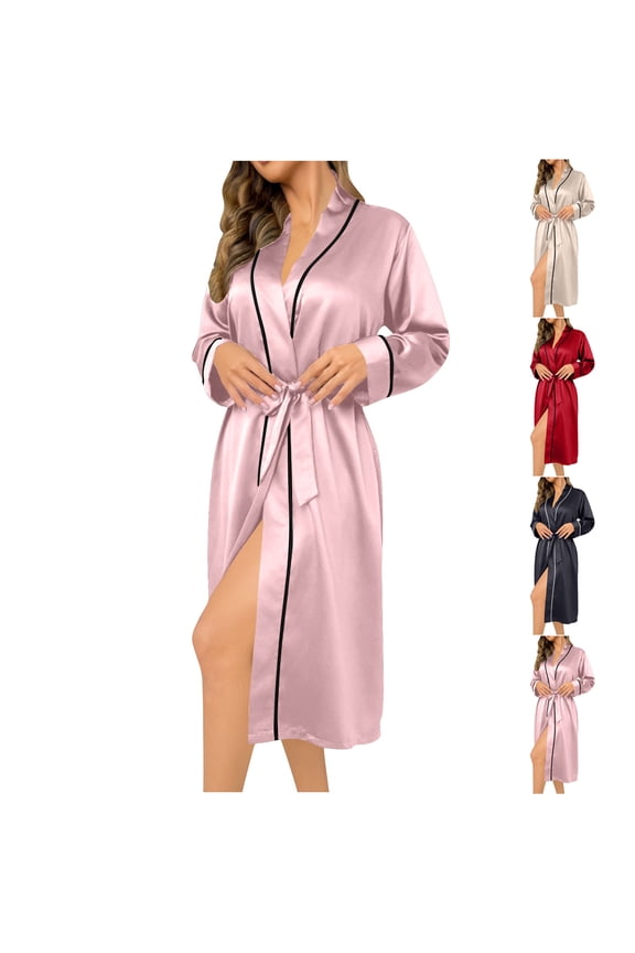Women's Satin Silk Robes Casual Loose V Neck Long Sleeve Midi Bath Robe Trendy Comfy Soft Solid Color Sleepwear With Belt