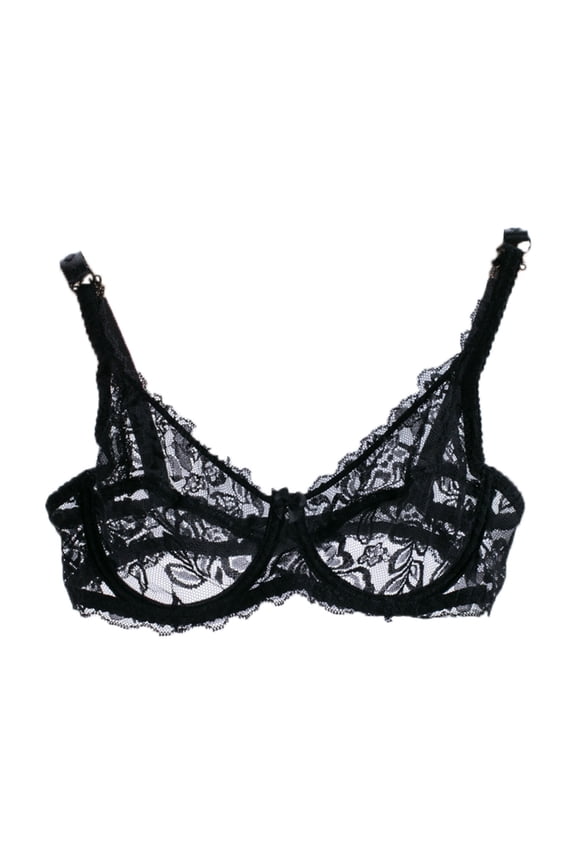 Women's Lace Bra Non-Padded Underwire See Through Unlined Bra Mesh Sheer Plunge Low Cut Bralettes,38Black