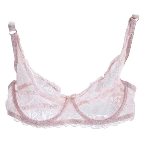 POIUYTR Women's Sexy Lace Bra Non-Padded Underwire See Through Unlined Bra Mesh Sheer Plunge Low Cut Bralettes,38Pink