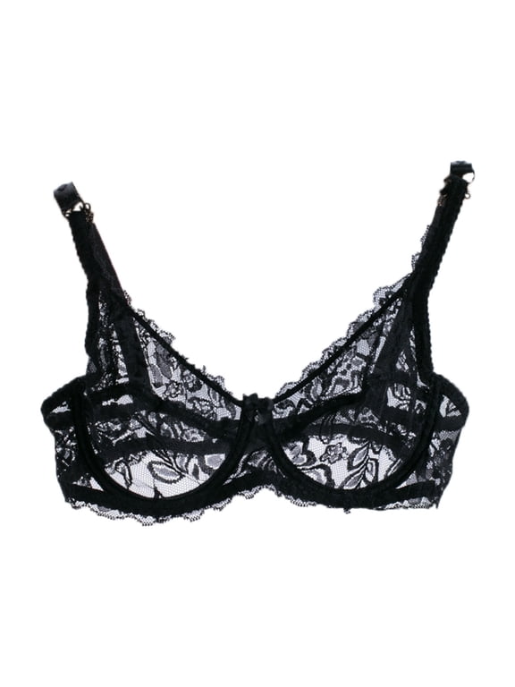 Women's Sexy Lace Bra Non-Padded Underwire See Through Unlined Bra Mesh Sheer Plunge Low Cut Bralettes,40Black