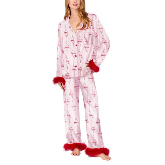 POIUYTR Women's Silk Satin Pajama Set Feather Trim Long Sleeve Button Down Shirt and Pants Lounge Sets Sleepwear