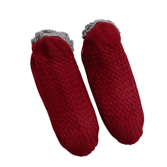 POIUYTR Women's Soft Sole Slipper Socks with Grippers Thick Warm Cozy Sherpa Lined Home Socks Cable Knitted Non-Slip Fluffy Winter House Bedroom Slippers