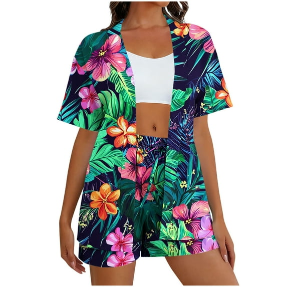POIUYTR Women's Summer 2 Piece Sets Tropical Beach Button Down Shirts Casual Vacation Shorts Trendy Boho Floral Printed Outfits