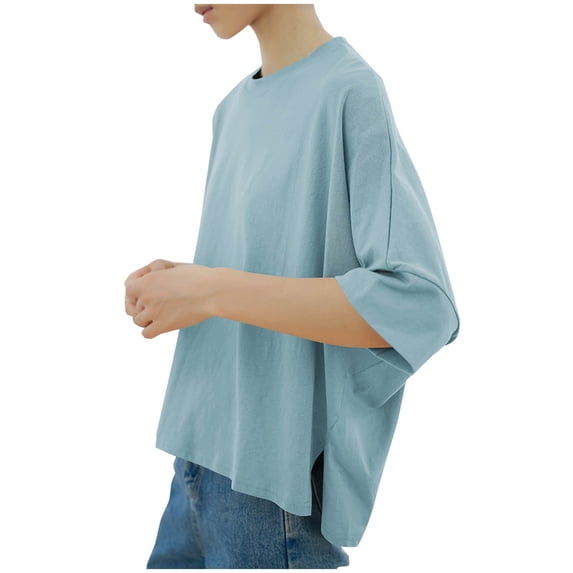 POIUYTR Women's Summer Batwing Dolman Tops Short Sleeve Crew Neck Loose Solid Tunic Shirt Blouse Side Split Pullover Tops