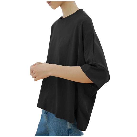 POIUYTR Women's Summer Batwing Dolman Tops Short Sleeve Crew Neck Loose Solid Tunic Shirt Blouse Side Split Pullover Tops