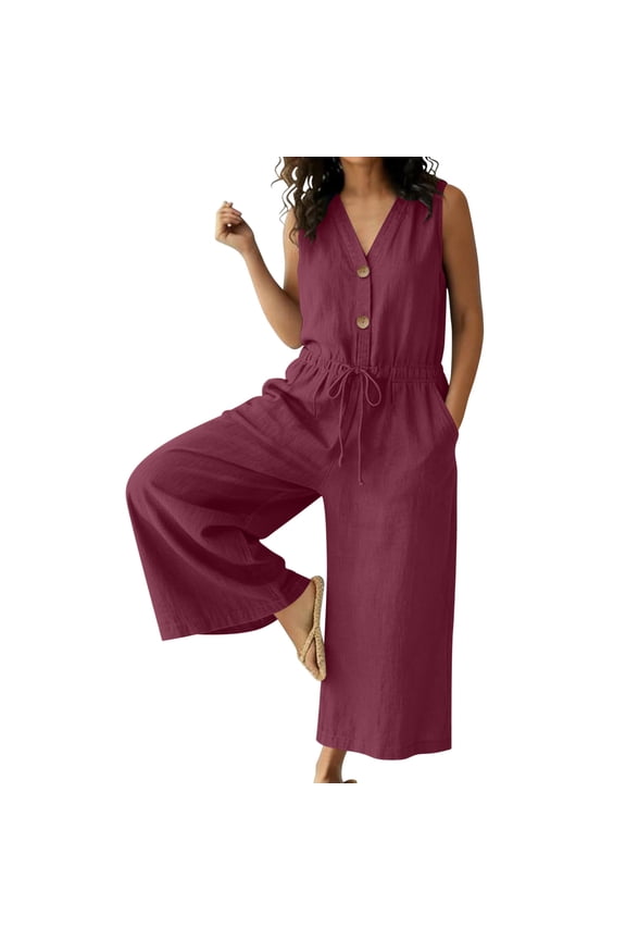 Women's Summer Cotton Linen Jumpsuits Casual V Neck Sleeveless Romper Loose Wide Leg One-Piece Trousers