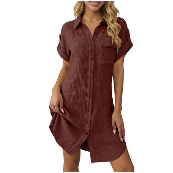 POIUYTR Women's Summer Cotton Shirt Dress Casual Loose Collared Short Sleeve Button Mini Dresses Business Comfy Solid Color Outfits