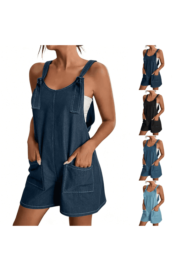 Women's Summer Denim Jumpsuits Casual Scoop Neck High Waist Wide Leg Romper Vacation Beach Shorts