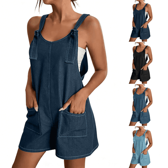 POIUYTR Women's Summer Denim Jumpsuits Casual Scoop Neck High Waist Wide Leg Romper Vacation Beach Shorts