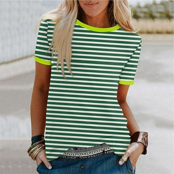 POIUYTR Women's Summer Tops Short Sleeve Crew Neck Striped T-Shirts Tops Casual Loose Fashion Dressy Tees Blouses 2024