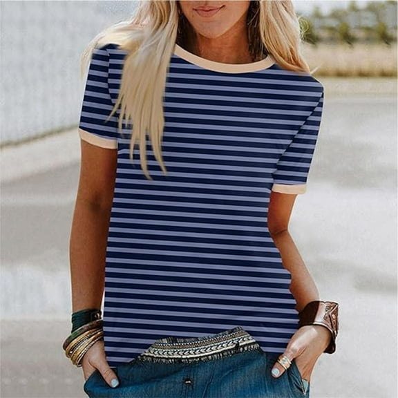 POIUYTR Women's Summer Tops Short Sleeve Crew Neck Striped T-Shirts Tops Casual Loose Fashion Dressy Tees Blouses 2024