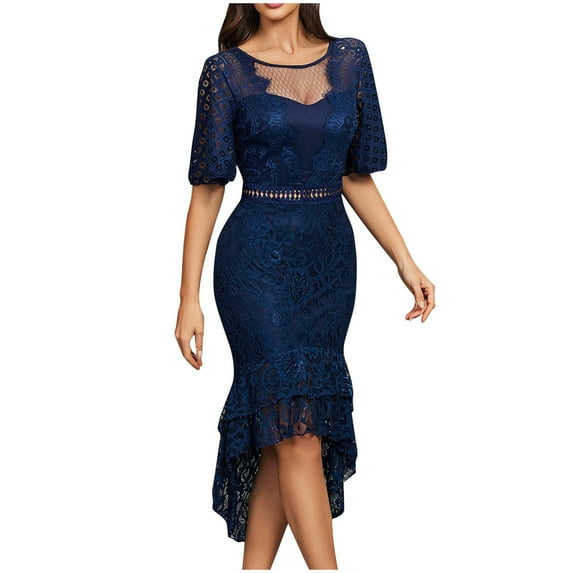 POIUYTR Women's Vintage Floral Lace Mermaid Dress Elegant Cocktail Party Bodycon Mid-Calf Evening Formal Dress
