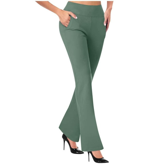 POIUYTR Women's Yoga Dress Pants Pull On Stretchy High Waist Flare Pants Work Business Casual Slacks Bootcut Leggings Trousers with Pockets 2024