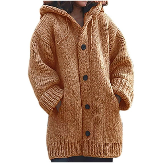 POIUYTR Womens 2024 Fall Cardigan Oversized Open Front Long Sleeve Hooded Chunky Sweaters Fashion Button Up Cable Knit Sweater Outerwear