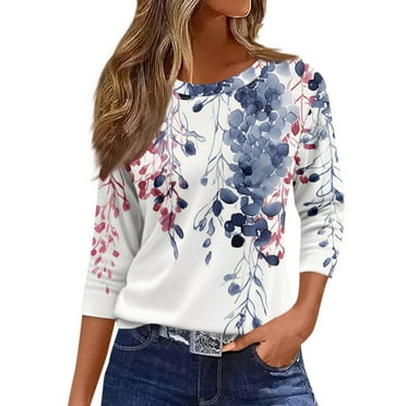 POIUYTR Womens 3/4 Sleeve Tops Round Neck Shirts Loose Casual Blouses Floral Print Tshirts Fall Fashion Basic Tee Tunic Tops