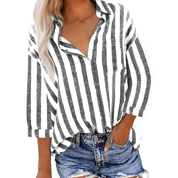 POIUYTR Womens Button Down Shirts Striped 3/4 Sleeve Collared Dress Shirt Casual Loose Office Work Classic Cotton Linen Blouses Tops