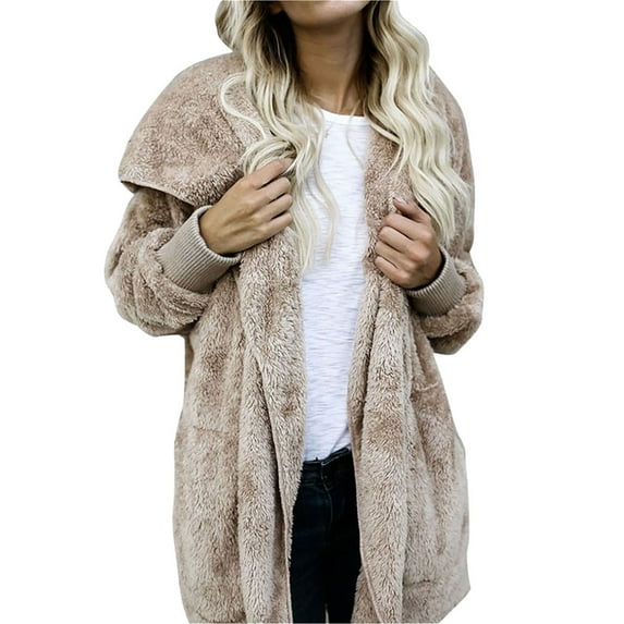 POIUYTR Womens Fuzzy Fleece Hoodie Jacket 2024 Winter Oversized Long Sleeve Open Front Cardigans Coats Warm Teddy Outerwear with Pockets