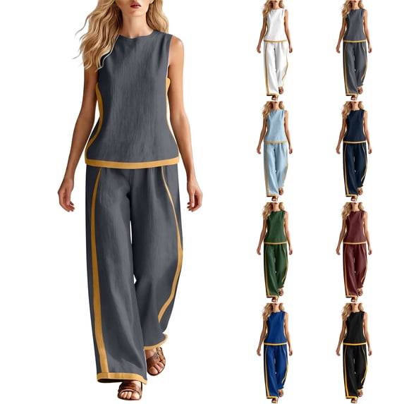 POIUYTR Womens Summer Cotton 2 Piece Sets Casual Crewneck Tank Tops Loose Wide Leg Pants Color Block Outfits