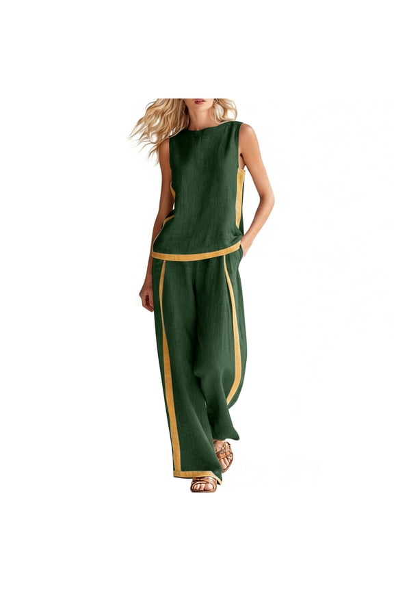 Womens Summer Cotton 2 Piece Sets Casual Crewneck Tank Tops Loose Wide Leg Pants Color Block Outfits