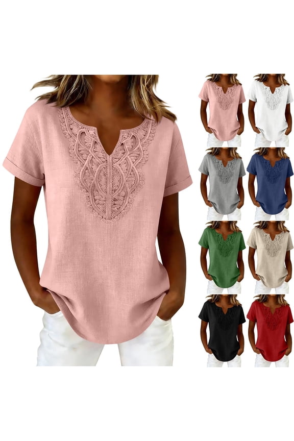 Womens Summer Cotton Linen Shirts Casual Loose Short Sleeve Lace Patchwork V Neck Blouses Vacation Travel Comfy Soft Tops
