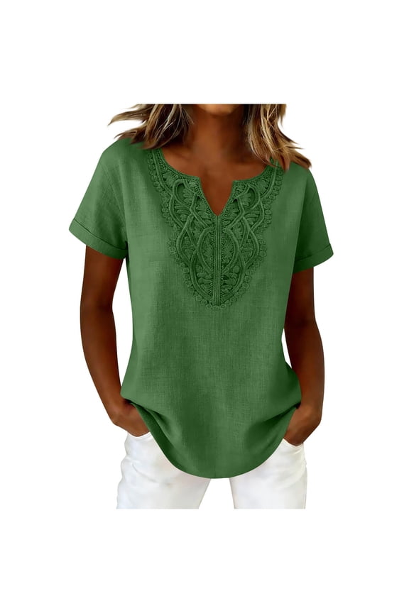 Womens Summer Cotton Linen Shirts Casual Loose Short Sleeve Lace Patchwork V Neck Blouses Vacation Travel Comfy Soft Tops