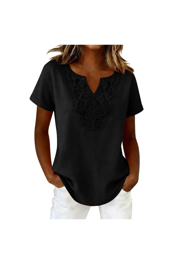 Womens Summer Cotton Linen Shirts Casual Loose Short Sleeve Lace Patchwork V Neck Blouses Vacation Travel Comfy Soft Tops