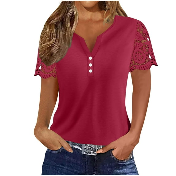 POIUYTR Womens Summer Tops Lace Short Sleeve V-Neck Button T Shirts Loose Fit Casual Dressy Blouses Comfy Tops for Women
