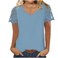 thumbnail image 1 of POIUYTR Womens Summer Tops Lace Short Sleeve V-Neck Solid Color T Shirts Loose Fit Casual Dressy Blouses Comfy Tops for Women, 1 of 1